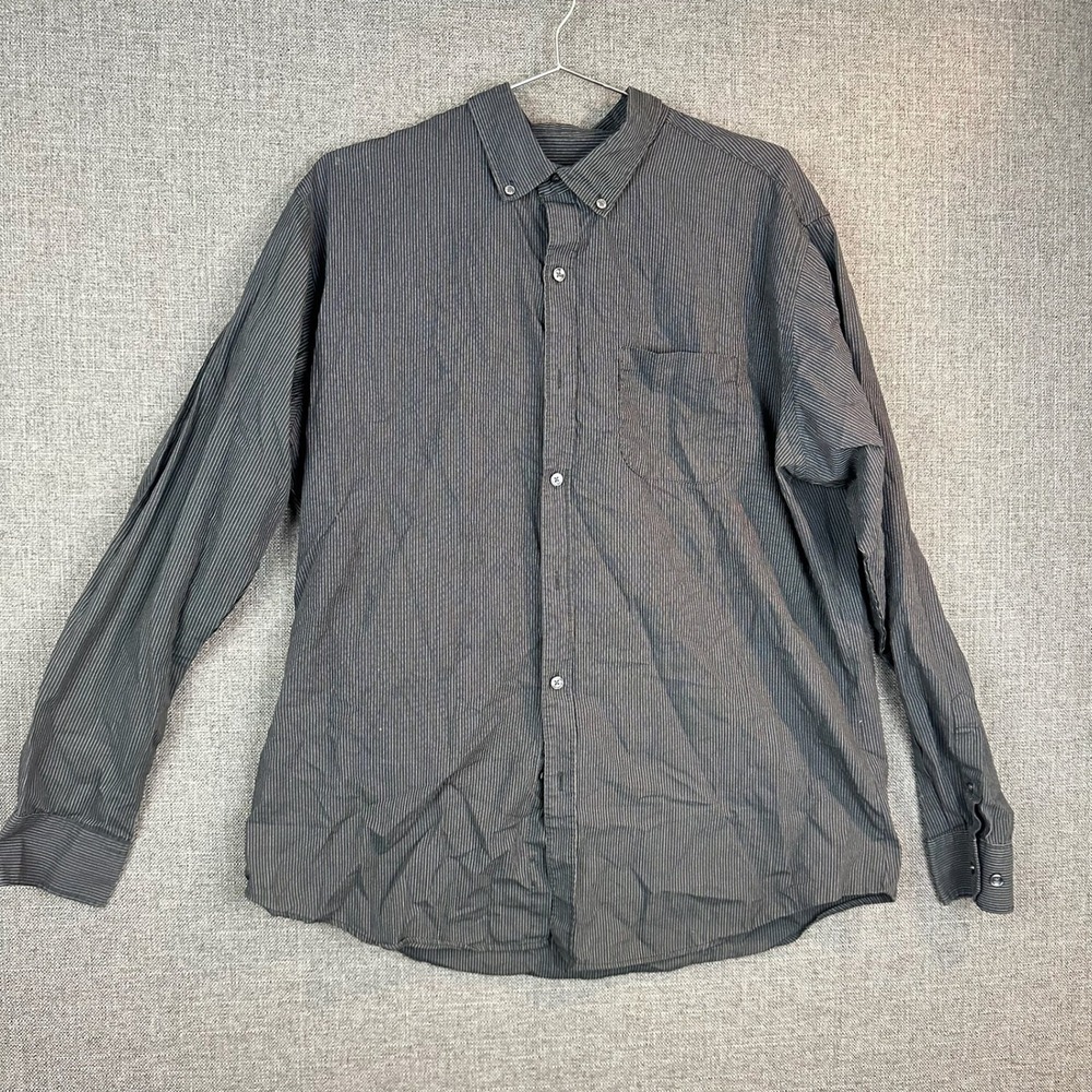 Striped Dress Shirt Long Sleeve‎ Button Down Gray White Business Casual